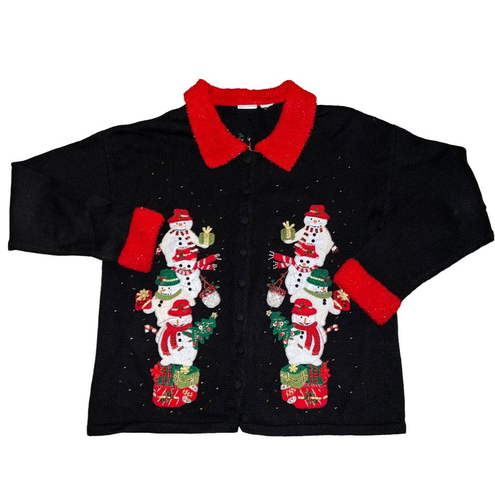 Black Santa Cardigan Sweater with Bright Red Collar Size Large